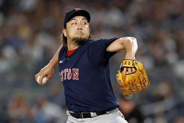 Hirokazu Sawamura of the Boston Red Sox pitches during the sixth inning against the New York Yankees at Yankee Stadium on July 16, 2021 in the Bronx...