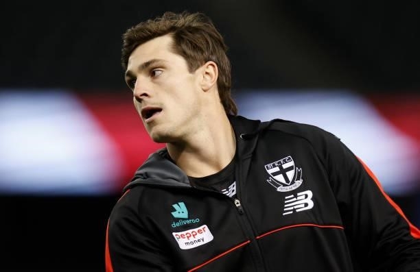 Jack Steele of the Saints warms up during the 2021 AFL Round 18 match between the St Kilda Saints and the Port Adelaide Power at Marvel Stadium on...