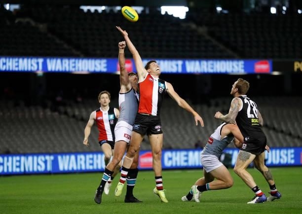 Rowan Marshall of the Saints and Scott Lycett of the Power compete for the ballduring the 2021 AFL Round 18 match between the St Kilda Saints and the...