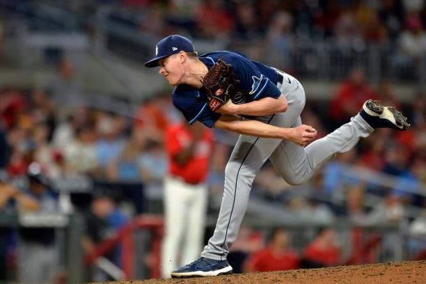 Pete Fairbanks of the Tampa Bay Rays pitches in the tenth inning against the Atlanta Braves at Truist Park on July 16, 2021 in Atlanta, Georgia.