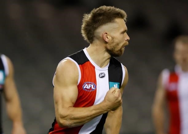 Dan Butler of the Saints celebrates a goal during the 2021 AFL Round 18 match between the St Kilda Saints and the Port Adelaide Power at Marvel...