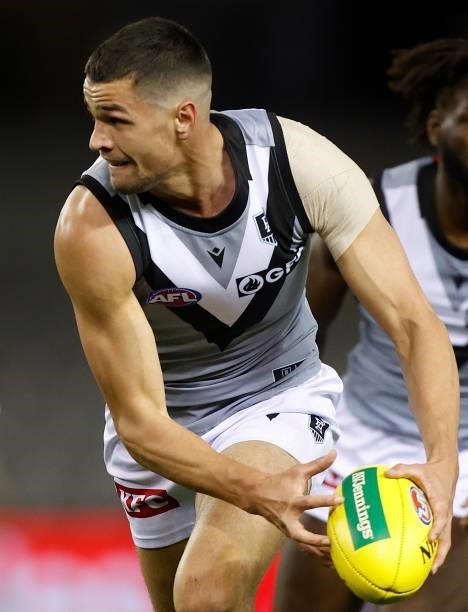 Ryan Burton of the Power in action during the 2021 AFL Round 18 match between the St Kilda Saints and the Port Adelaide Power at Marvel Stadium on...