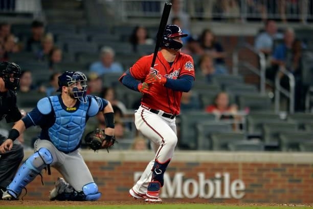 Joc Pederson of the Atlanta Braves makes his first appearance in a Braves uniform against the Tampa Bay Rays at Truist Park on July 16, 2021 in...