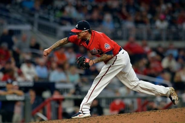 Jesse Chavez of the Atlanta Braves pitches in the tenth inning against the Tampa Bay Rays at Truist Park on July 16, 2021 in Atlanta, Georgia.