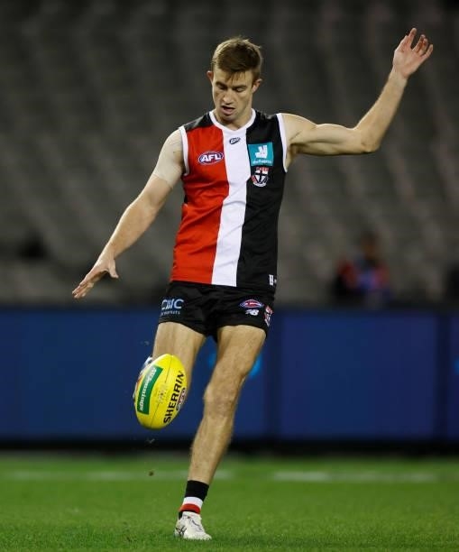 Dougal Howard of the Saints kicks the ball during the 2021 AFL Round 18 match between the St Kilda Saints and the Port Adelaide Power at Marvel...