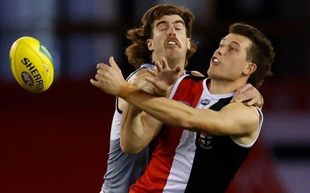 Rowan Marshall of the Saints and Scott Lycett of the Power compete for the ball during the 2021 AFL Round 18 match between the St Kilda Saints and...