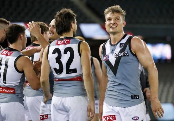 Ollie Wines of the Power celebrates during the 2021 AFL Round 18 match between the St Kilda Saints and the Port Adelaide Power at Marvel Stadium on...