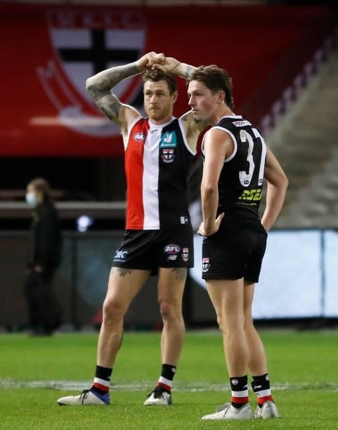 Tim Membrey and Leo Connolly of the Saints look dejected after a loss during the 2021 AFL Round 18 match between the St Kilda Saints and the Port...