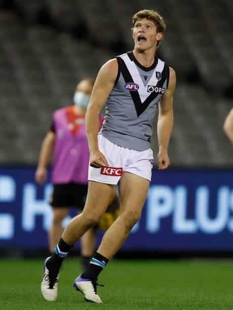 Mitch Georgiades of the Power celebrates a goal during the 2021 AFL Round 18 match between the St Kilda Saints and the Port Adelaide Power at Marvel...