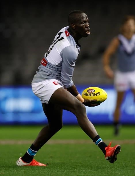Aliir Aliir of the Power in action during the 2021 AFL Round 18 match between the St Kilda Saints and the Port Adelaide Power at Marvel Stadium on...
