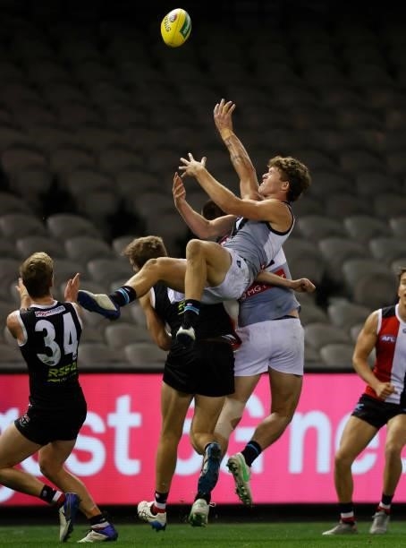 Mitch Georgiades of the Power attempts a high mark during the 2021 AFL Round 18 match between the St Kilda Saints and the Port Adelaide Power at...