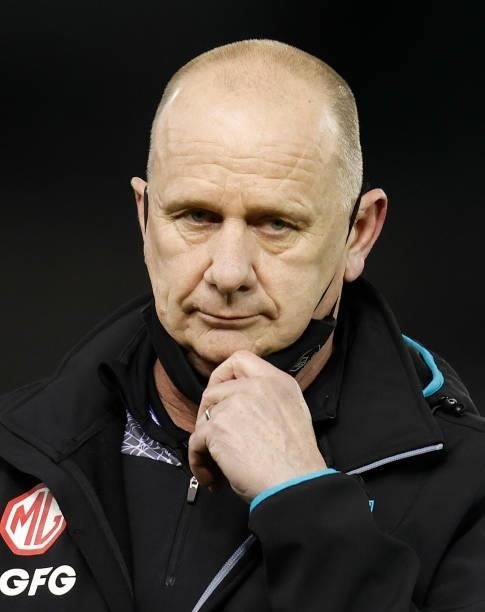 Ken Hinkley, Senior Coach of the Power looks on during the 2021 AFL Round 18 match between the St Kilda Saints and the Port Adelaide Power at Marvel...