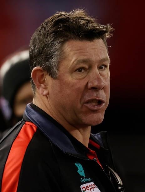 Brett Ratten, Senior Coach of the Saints addresses his players during the 2021 AFL Round 18 match between the St Kilda Saints and the Port Adelaide...