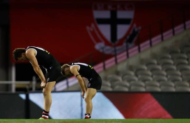 Rowan Marshall and Dan Butler of the Saints look dejected after a loss during the 2021 AFL Round 18 match between the St Kilda Saints and the Port...