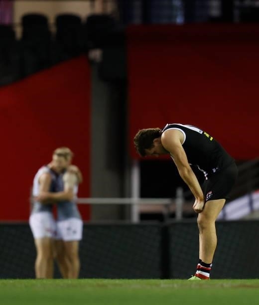 Rowan Marshall of the Saints looks dejected after a loss during the 2021 AFL Round 18 match between the St Kilda Saints and the Port Adelaide Power...