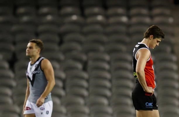 Jack Steele of the Saints looks dejected after a loss during the 2021 AFL Round 18 match between the St Kilda Saints and the Port Adelaide Power at...