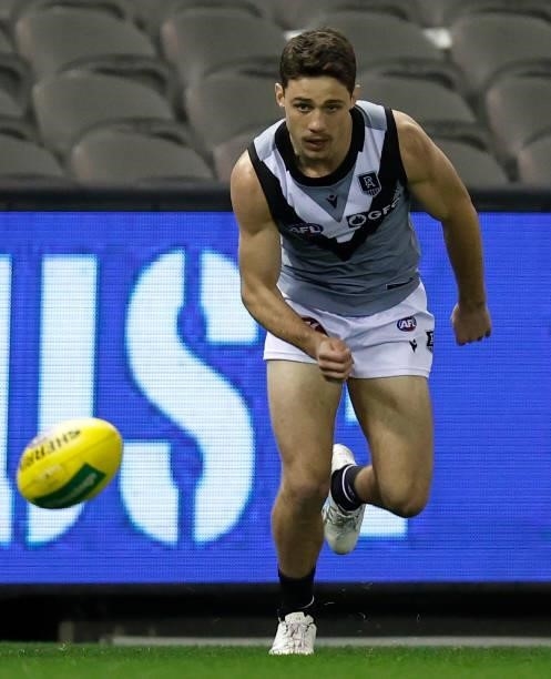 Debutant, Jed McEntee in action during the 2021 AFL Round 18 match between the St Kilda Saints and the Port Adelaide Power at Marvel Stadium on July...