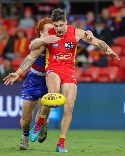 Alex Sexton of the Suns runs into goal during the 2021 AFL Round 18 match between the Gold Coast Suns and the Western Bulldogs at Metricon Stadium on...