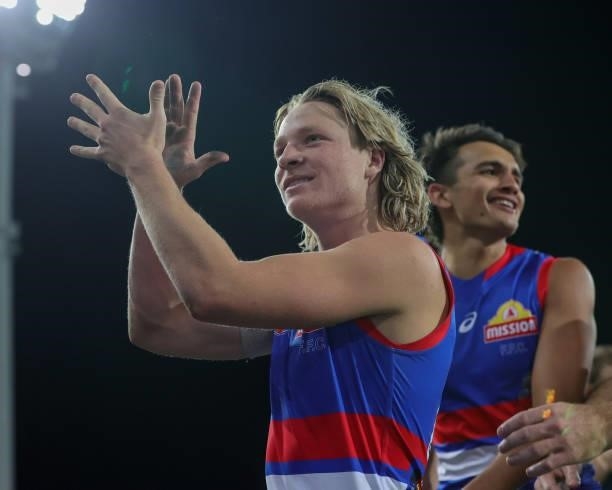 Cody Weightman of the Bulldogs acknowledges the crowd after the 2021 AFL Round 18 match between the Gold Coast Suns and the Western Bulldogs at...