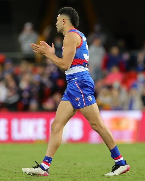 Jason Johannisen of the Bulldogs celebrates a goal during the 2021 AFL Round 18 match between the Gold Coast Suns and the Western Bulldogs at...