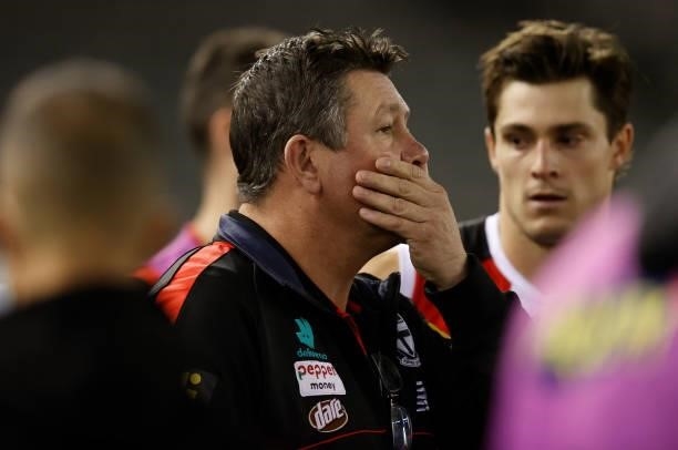 Brett Ratten, Senior Coach of the Saints addresses his players during the 2021 AFL Round 18 match between the St Kilda Saints and the Port Adelaide...