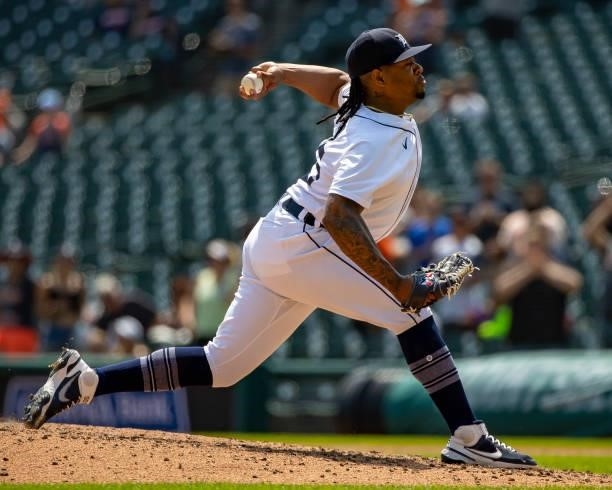 Gregory Soto of the Detroit Tigers pitches in the seventh inning against the Minnesota Twins during game one of a double header at Comerica Park on...