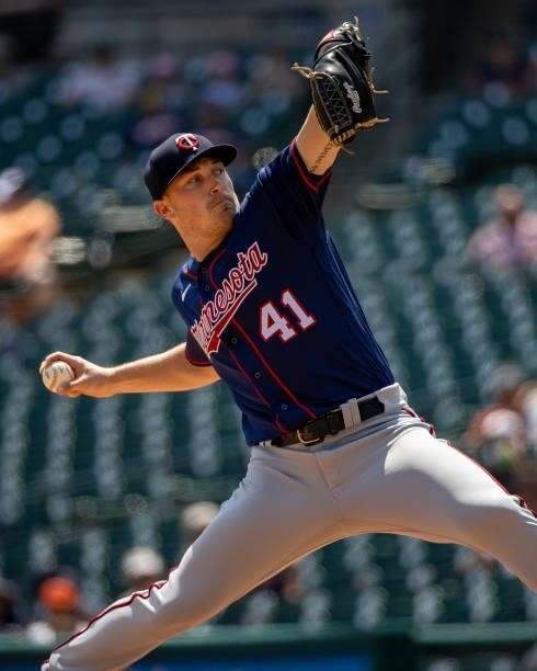 Beau Burrows of the Minnesota Twins pitches in the sixth inning against the Detroit Tigers during game one of a double header at Comerica Park on...