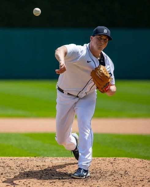 Kyle Funkhouser of the Detroit Tigers pitches warms up before the sixth inning against the Minnesota Twins during game one of a double header at...