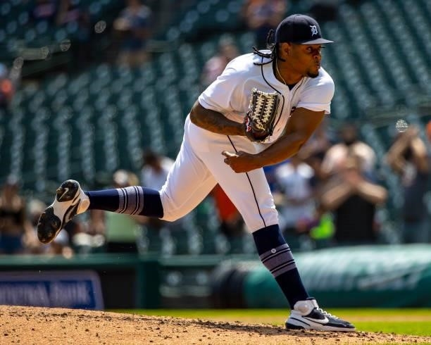 Gregory Soto of the Detroit Tigers pitches in the seventh inning against the Minnesota Twins during game one of a double header at Comerica Park on...