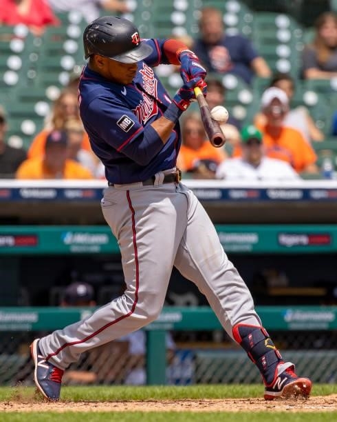 Jorge Polanco of the Minnesota Twins is jammed inside with a pitch and pops out in the fifth inning against the Detroit Tigers during game one of a...