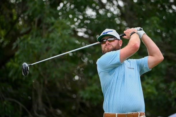 Erik Barnes hits his tee shot on the first tee during the third round of the Memorial Health Championship presented by LRS at Panther Creek Country...