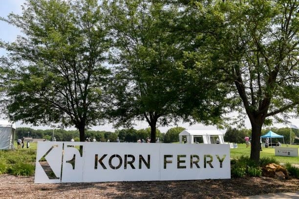 Korn Ferry Tour signage during the third round of the Memorial Health Championship presented by LRS at Panther Creek Country Club on July 17, 2021 in...