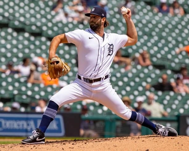 Daniel Norris of the Detroit Tigers \pitches in the fifth inning against the Minnesota Twins during game one of a double header at Comerica Park on...