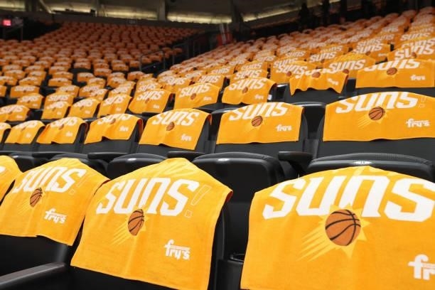 July 17: Rally towels sit on the chairs of the stadium before the Phoenix Suns game against the Milwaukee Bucks during Game Five of the 2021 NBA...