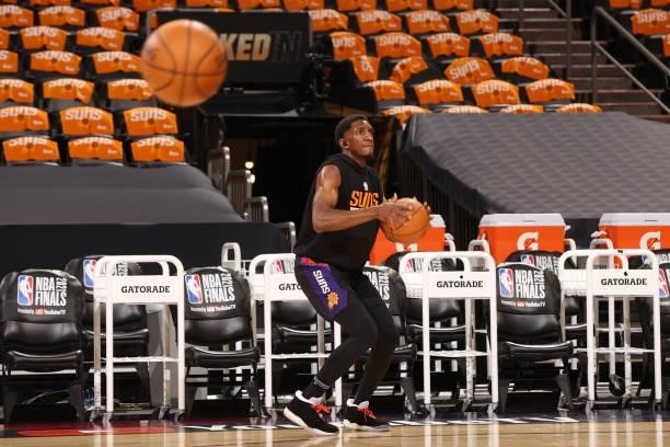 July 17: Langston Galloway of the Phoenix Suns warms up prior to the game against the Milwaukee Bucks during Game Five of the 2021 NBA Finals on July...