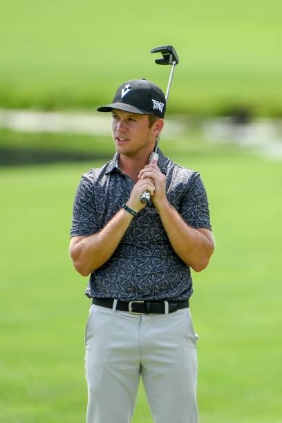 Grant Hirschman reacts to missing his putt at the 18th green during the third round of the Memorial Health Championship presented by LRS at Panther...