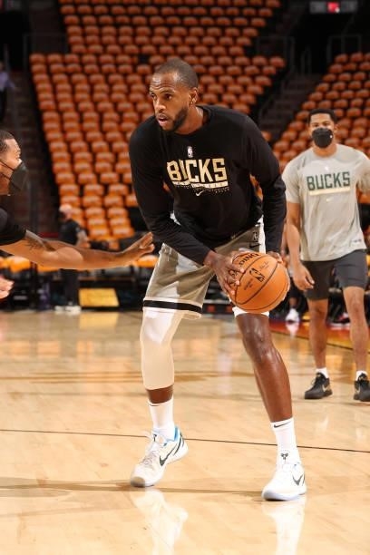 July 17: Khris Middleton of the Milwaukee Bucks warms up prior to the game against the Phoenix Suns during Game Five of the 2021 NBA Finals on July...