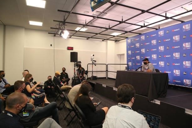 Head Coach Monty Williams of the Phoenix Suns does his pregame media prior to the game against the Milwaukee Bucks during Game Five of the 2021 NBA...