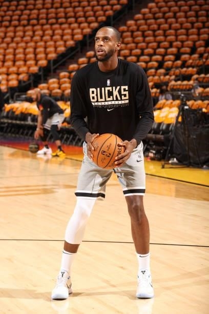 July 17: Khris Middleton of the Milwaukee Bucks warms up prior to the game against the Phoenix Suns during Game Five of the 2021 NBA Finals on July...