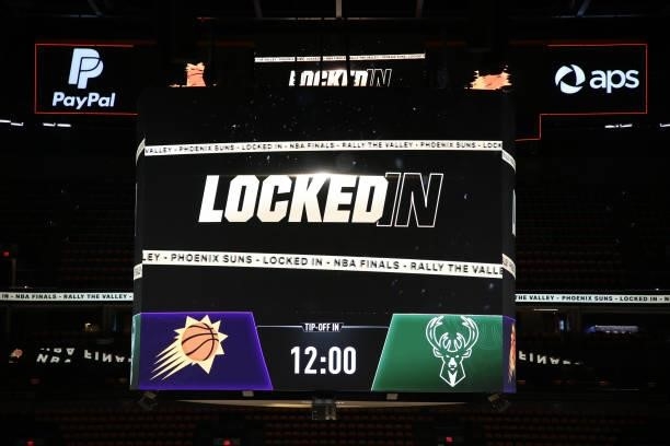 General view of the signage in the game of the Milwaukee Bucks against the Phoenix Suns during Game Five of the 2021 NBA Finals on July 17, 2021 at...