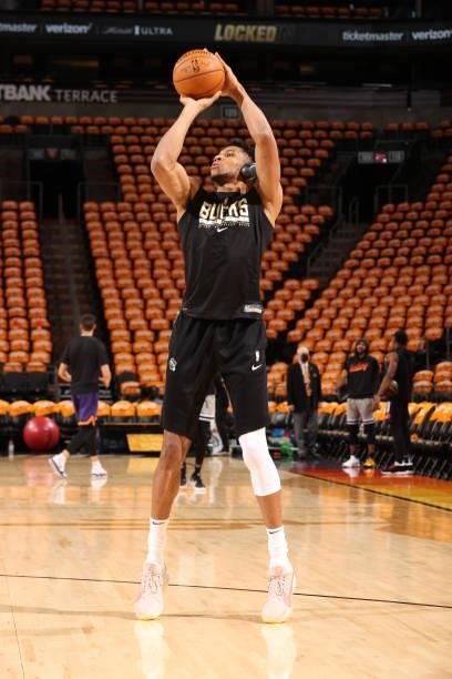 July 17: Giannis Antetokounmpo of the Milwaukee Bucks warms up prior to the game against the Phoenix Suns during Game Five of the 2021 NBA Finals on...