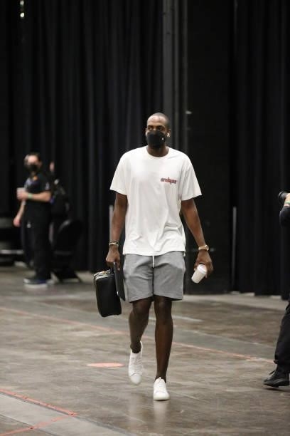 Khris Middleton of the Milwaukee Bucks arrives for the game against the Phoenix Suns during Game Five of the 2021 NBA Finals on July 17, 2021 at the...