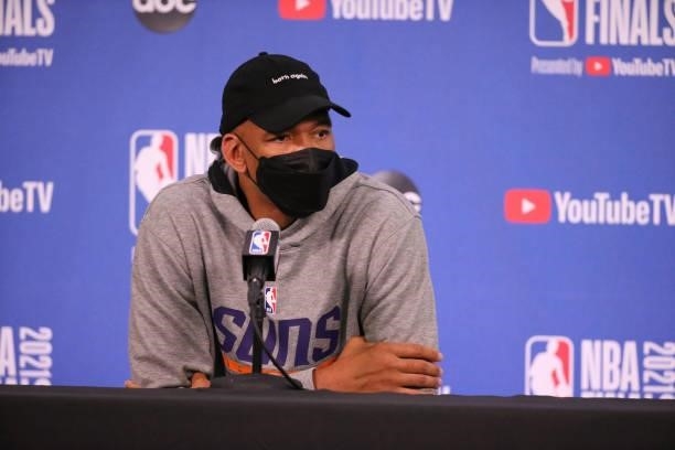 Head Coach Monty Williams of the Phoenix Suns does his pregame media prior to the game against the Milwaukee Bucks during Game Five of the 2021 NBA...