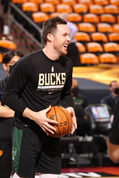 July 17: Pat Connaughton of the Milwaukee Bucks smiles before the game against the Phoenix Suns during Game Five of the 2021 NBA Finals on July 17,...