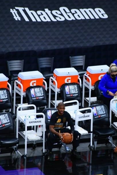 July 17: Chris Paul of the Phoenix Suns looks on before Game Five of the 2021 NBA Finals on July 17, 2021 at Footprint Center in Phoenix, Arizona....