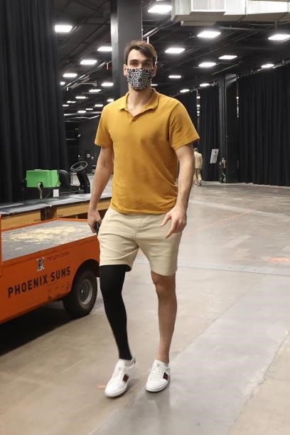 July 17: Dario Saric of the Phoenix Suns arrives to the arena prior to the game against the Milwaukee Bucks during Game Five of the 2021 NBA Finals...