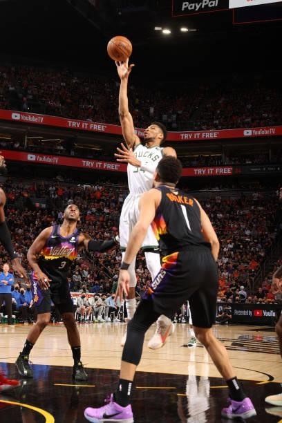 July 17: Giannis Antetokounmpo of the Milwaukee Bucks shoots the ball against the Phoenix Suns during Game Five of the 2021 NBA Finals on July 17,...