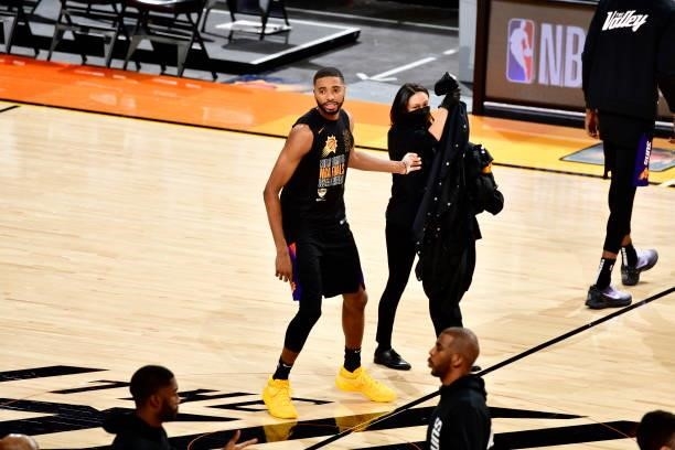 Mikal Bridges of the Phoenix Suns warms up before Game Five of the NBA Finals on July 17, 2021 at Footprint Center in Phoenix, Arizona. NOTE TO USER:...