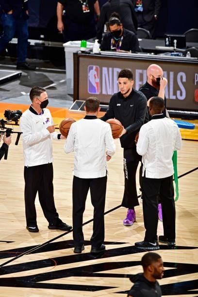 Devin Booker of the Phoenix Suns before Game Five of the NBA Finals on July 17, 2021 at Footprint Center in Phoenix, Arizona. NOTE TO USER: User...
