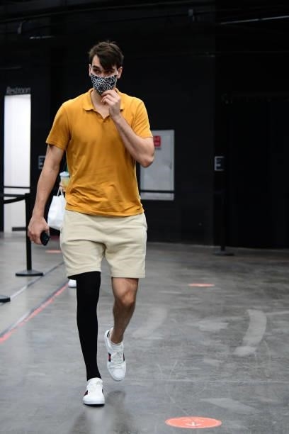 July 17: Frank Kaminsky of the Phoenix Suns arrives to the arena before Game Five of the 2021 NBA Finals on July 17, 2021 at Footprint Center in...